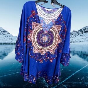 Aveology Women’s plus-size Blue/Red Patterned Bell-sleeve Tunic Top❤️❤️4X